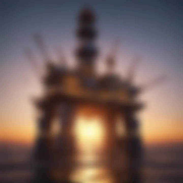 A modern oil drilling rig against a sunset backdrop